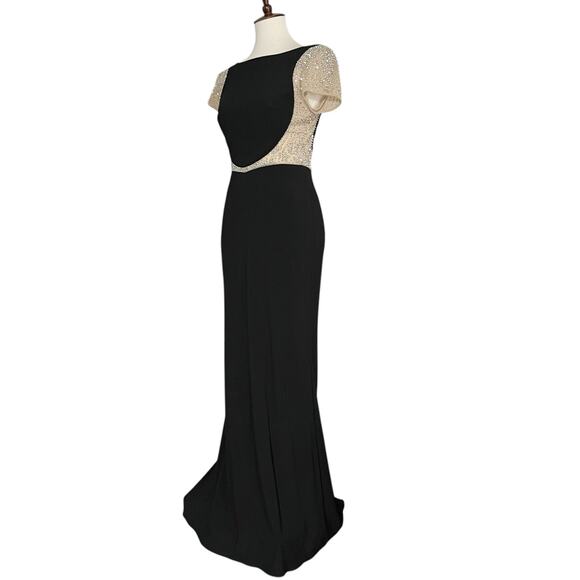Xscape Black Short Sleeve Beaded Illusion Mesh & Jersey Gown Size‎ 2 Cocktail - Picture 4 of 10